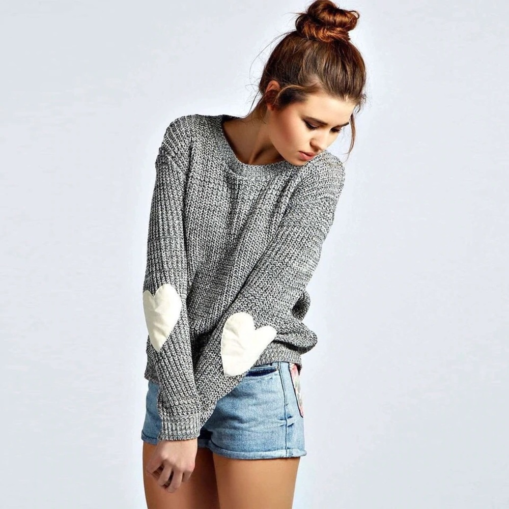 Gray Heart Patch Marled Sweater